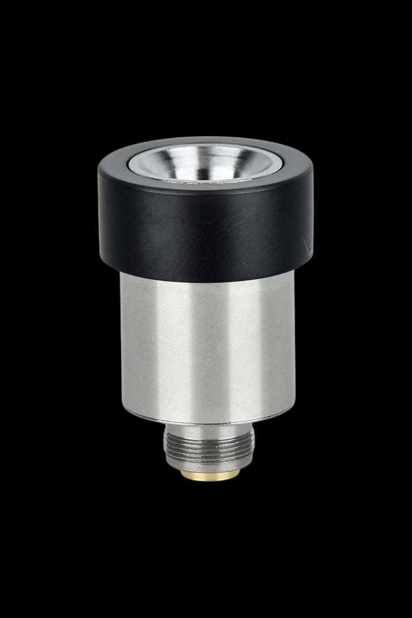 Silver and black cannabis oil vaporizer cartridge.