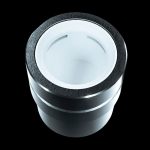 Silver and black cannabis grinder, top view.