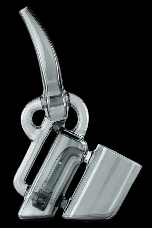 Clear glass rig for vaporizing concentrates, with a bubbler and angled mouthpiece.