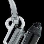 Clear glass water pipe (rig) with a black water reservoir, designed for cannabis concentrates.