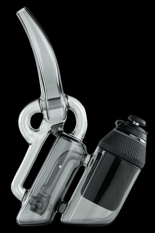 Clear glass water pipe (rig) with a black water reservoir, designed for cannabis concentrates.