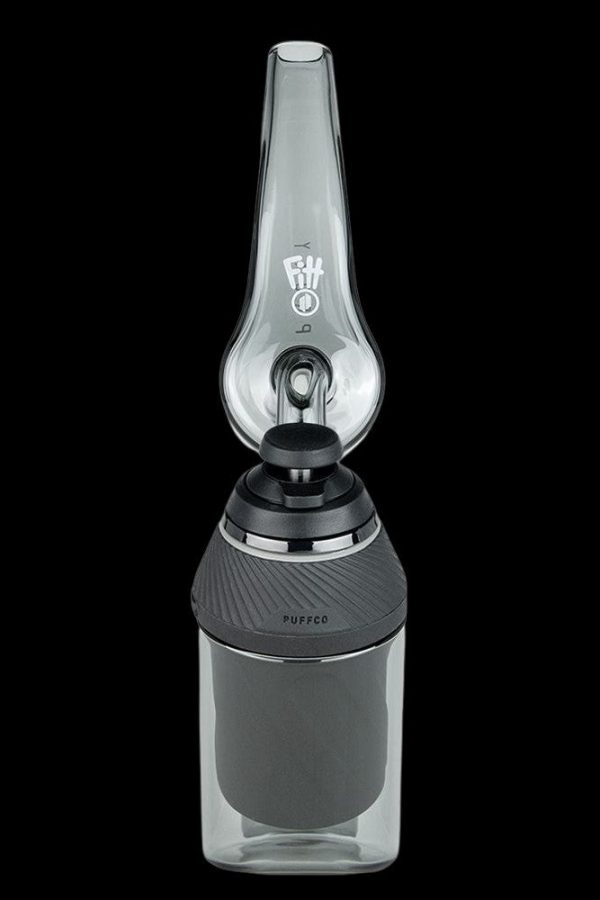 Black Puffco Peak Pro portable dab rig with glass water pipe attachment.