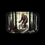 A rolling tray featuring a whimsical illustration of Bigfoot riding a bicycle through a forest, branded with “Pulsar.”