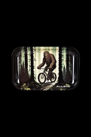 A rolling tray featuring a whimsical illustration of Bigfoot riding a bicycle through a forest, branded with “Pulsar.”