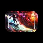 Rolling tray featuring a cosmic space scene with an astronaut snowboarding through nebulas, branded "PULSAR".
