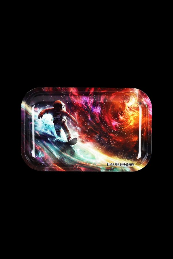 Rolling tray featuring a cosmic space scene with an astronaut snowboarding through nebulas, branded "PULSAR".