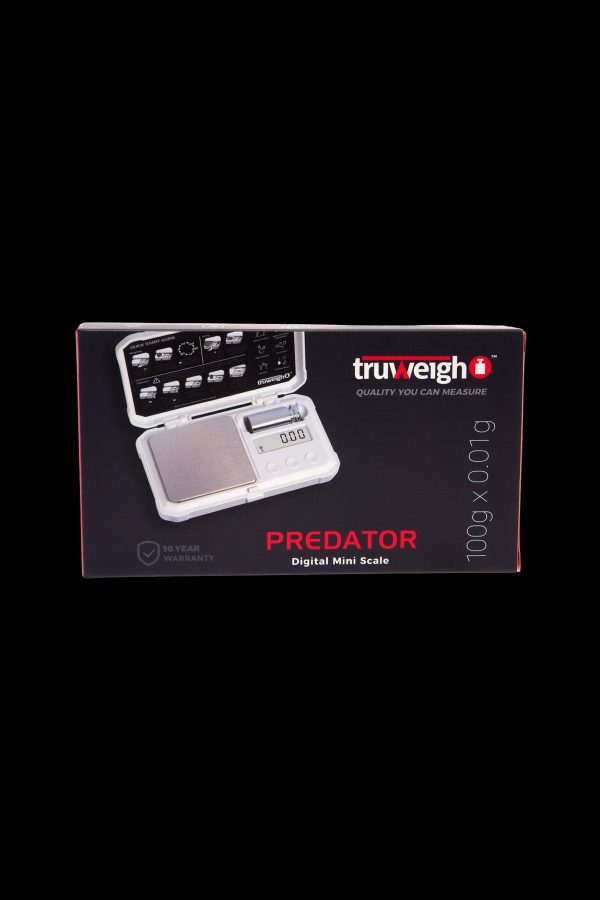 Truweigh Predator digital mini scale for precise cannabis measurement, with a 10-year warranty and 1000g x 0.01g capacity.