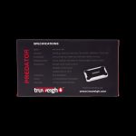 Close-up of a black Truweigh Predator scale's specifications card, listing capacity, readability, dimensions, calibration, and warranty details, alongside a product image of the scale itself.