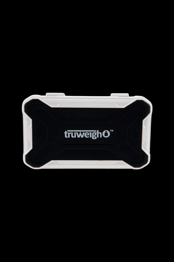 Clear storage container with "truweigh" logo.