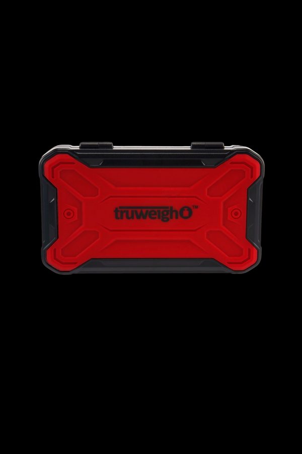 Red and black protective case for cannabis accessories, branded "truweighO".
