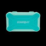 Turquoise cannabis storage container with "truweigh" logo.