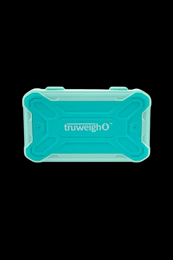 Turquoise cannabis storage container with "truweigh" logo.