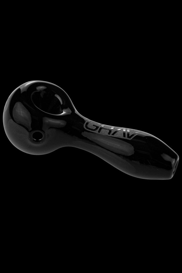 Black glass smoking pipe with "GRAV" etched along the side.