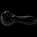 Black glass smoking pipe with "GRAV" logo.