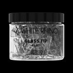 Clear jar filled with White Rhino brand glass smoking tips against a black background.