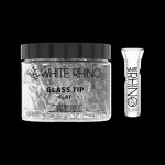 Jar of White Rhino glass tips and single glass tip against a black background.