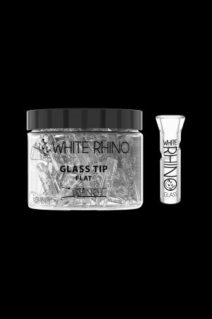 Jar of White Rhino glass tips and single glass tip against a black background.