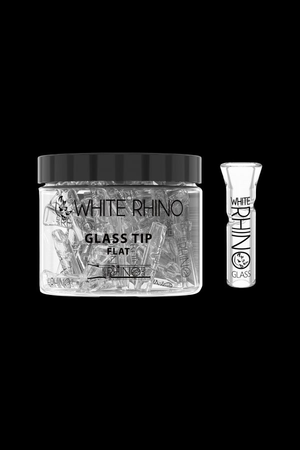 Jar of White Rhino glass tips and single glass tip against a black background.