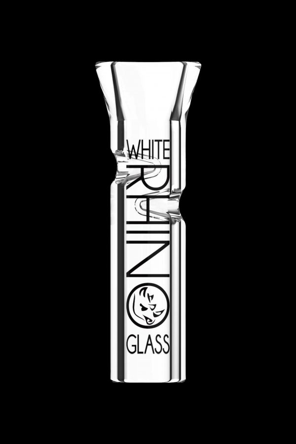 Glass pipe with "White Rhino Glass" vertically printed on the side.