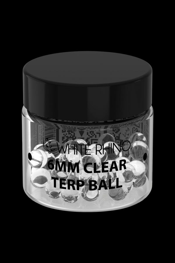 Clear glass terp pearls in a black jar labeled “White Rhino 6mm Clear Terp Ball”.