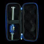 Blue and black carrying case open to reveal a glass oil rig with a clear glass mouthpiece and blue accents.