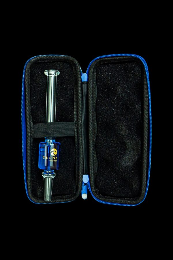 Blue and black carrying case open to reveal a glass oil rig with a clear glass mouthpiece and blue accents.