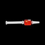 Glass cannabis oil burner pipe with red central chamber and textured grip.