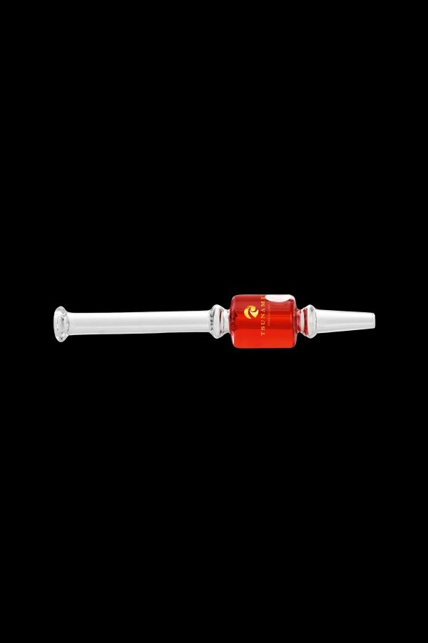 Glass cannabis oil burner pipe with red central chamber and textured grip.