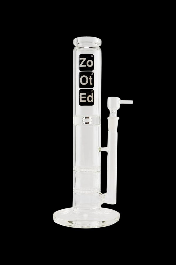 Clear glass water pipe (bong) with “ZoOt” branding and ice pinch.