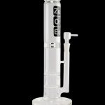 Clear glass bong with ice catcher and branded lettering, isolated on a black background.