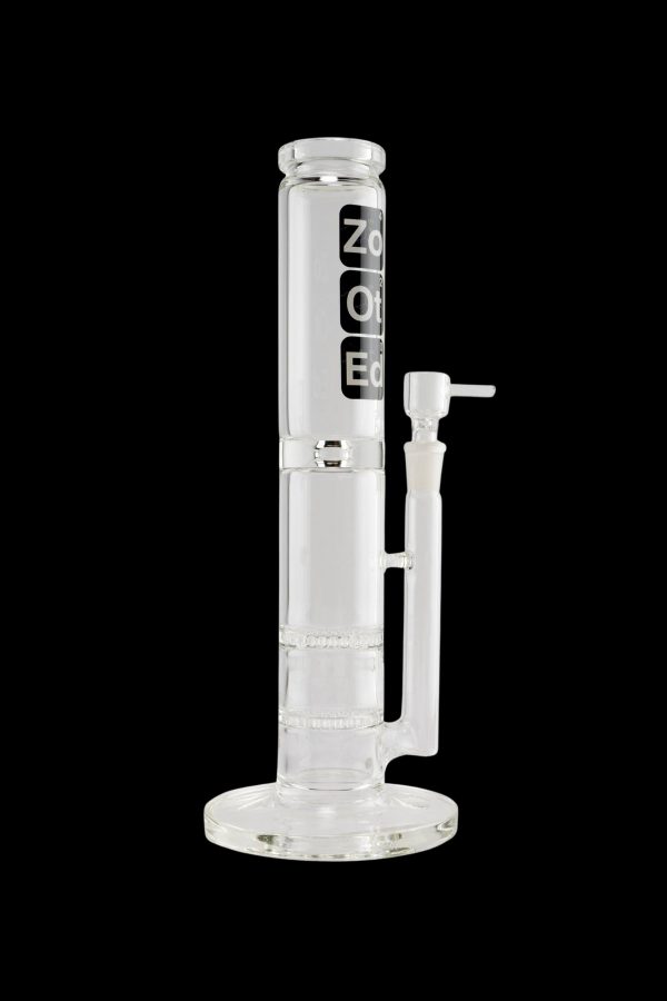 Clear glass bong with ice catcher and branded lettering, isolated on a black background.