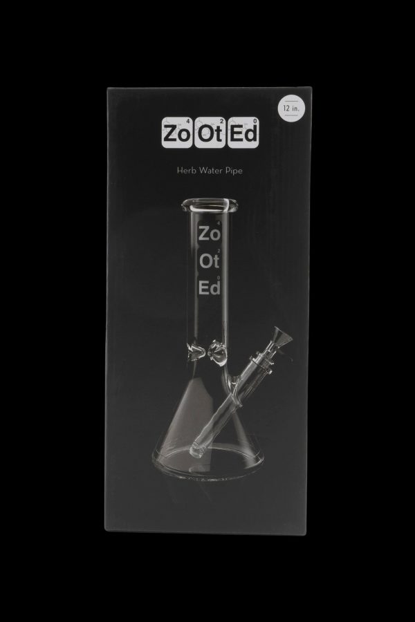 Black box for a 12-inch “ZoOt Ed” herb water pipe, displaying a clear glass bong inside.