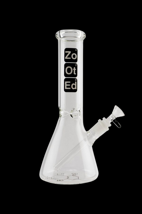 Glass water pipe (bong) with “ZoOtEd” logo and detachable downstem.
