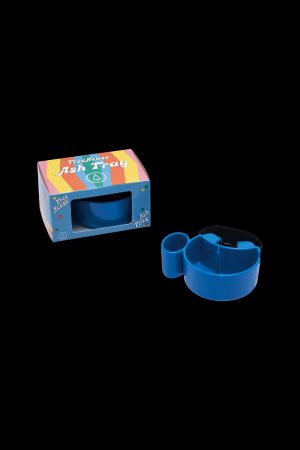 Blue cannabis ashtray with a holder for rolling papers, displayed with its packaging.