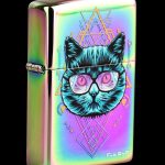 Iridescent lighter featuring a black cat wearing glasses and geometric designs.