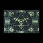 Intricate geometric pattern of cannabis leaves and triangles in glowing green on black.