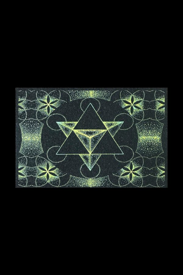 Intricate geometric pattern of cannabis leaves and triangles in glowing green on black.