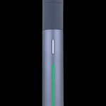 Front view of the Puffco Pivot Vaporizer, a sleek, silver device with a minimalist design, against a dark backdrop.