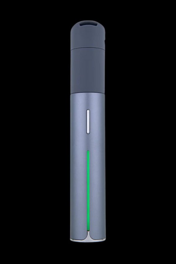 Front view of the Puffco Pivot Vaporizer, a sleek, silver device with a minimalist design, against a dark backdrop.