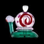 Emerald green and lavender glass water pipe with swirling red and white design.