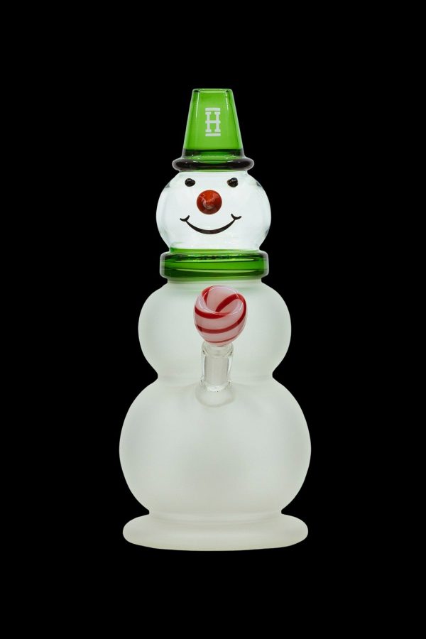 Glass snowman-shaped water pipe with a red and white swirl detail.