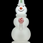 Glass snowman-shaped water pipe with a red and white peppermint swirl handle.