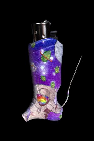 Purple lighter wrap decorated with cannabis leaves and a rainbow-colored mushroom against a black background.