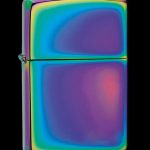 Iridescent Zippo lighter with a rainbow oil slick effect, against a black background.