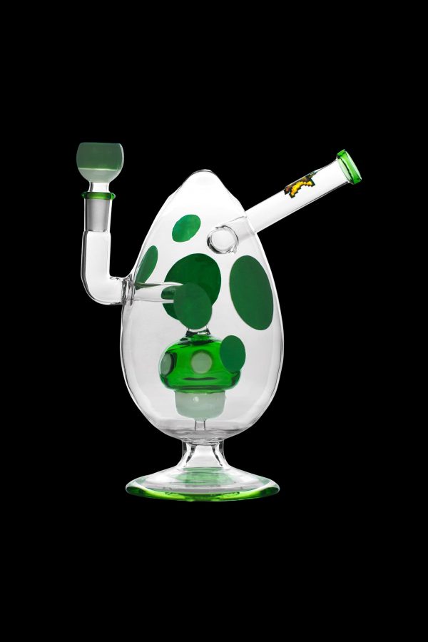 Green and white glass water pipe shaped like an egg with a clear mouthpiece and stem.