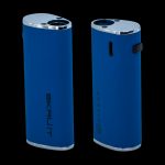 Blue Skruut cannabis vaporizer pen with silver accents, displayed from two angles.
