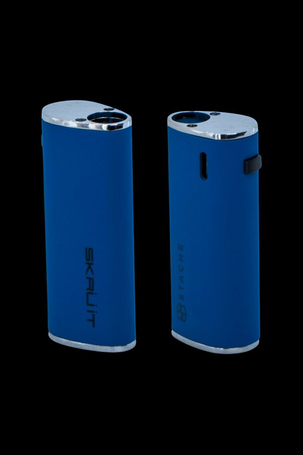 Blue Skruut cannabis vaporizer pen with silver accents, displayed from two angles.