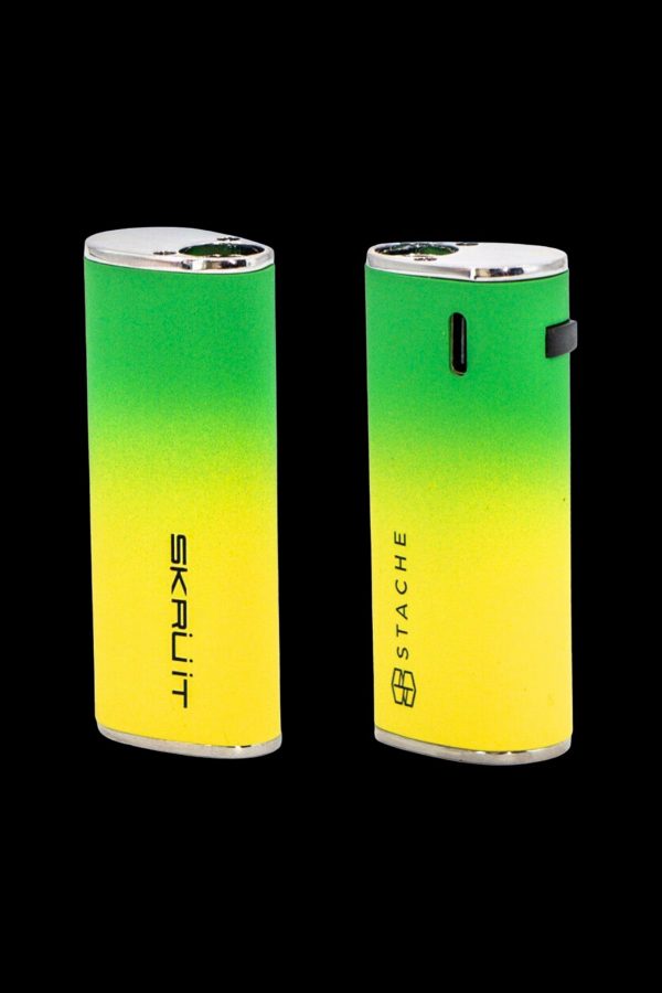 Two colorful, portable cannabis vaporizers, one labeled “Skrüit” and the other “Stache.”