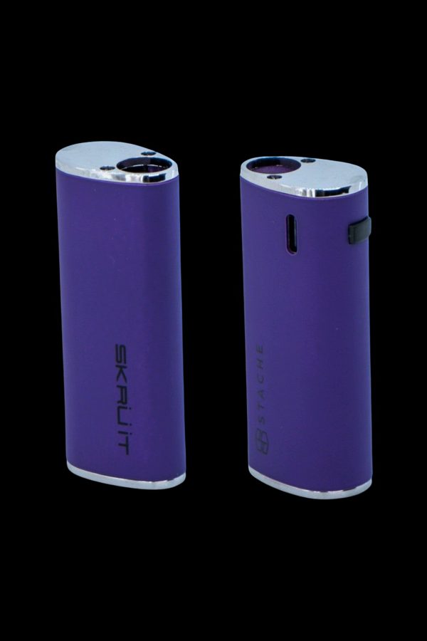 Purple Skrujit cannabis vaporizer pen, front and side view.