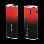 Two portable cannabis vaporizers, one labeled “Skruit” and the other “Stache,” with red-to-black ombre finishes, displayed against a black background.